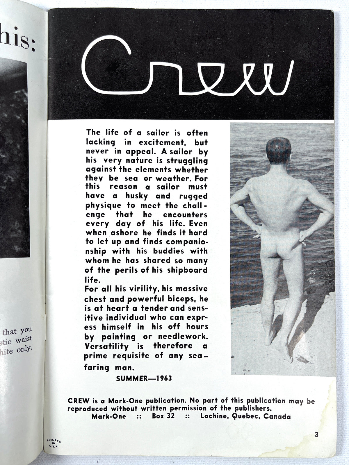 Crew, No. 1, 1963, Very Good staplebound, gay interest magazine