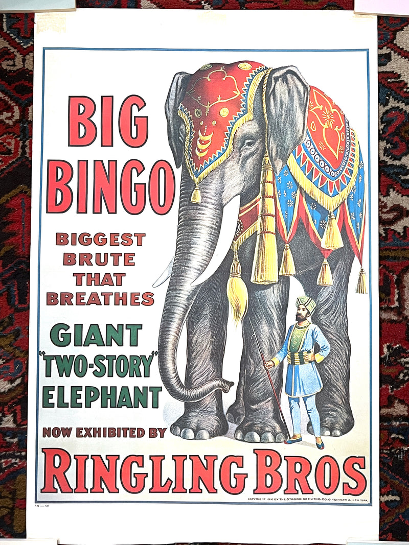 Vintage Circus Poster: Big Bingo the Two-Story Elephant, 1970s reprint, 1916, Ringling Bros.