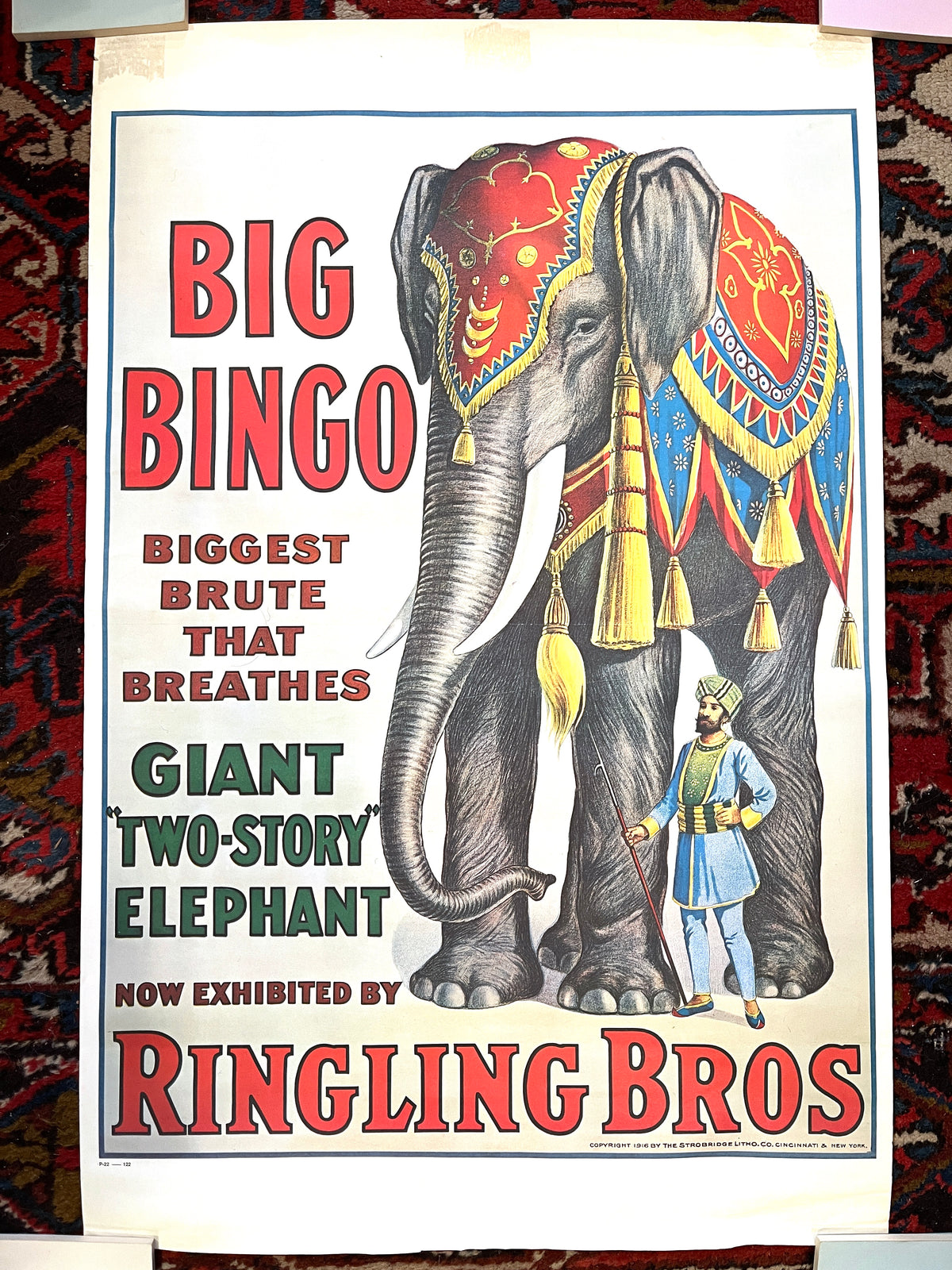 Vintage Circus Poster: Big Bingo the Two-Story Elephant, 1970s reprint, 1916, Ringling Bros.