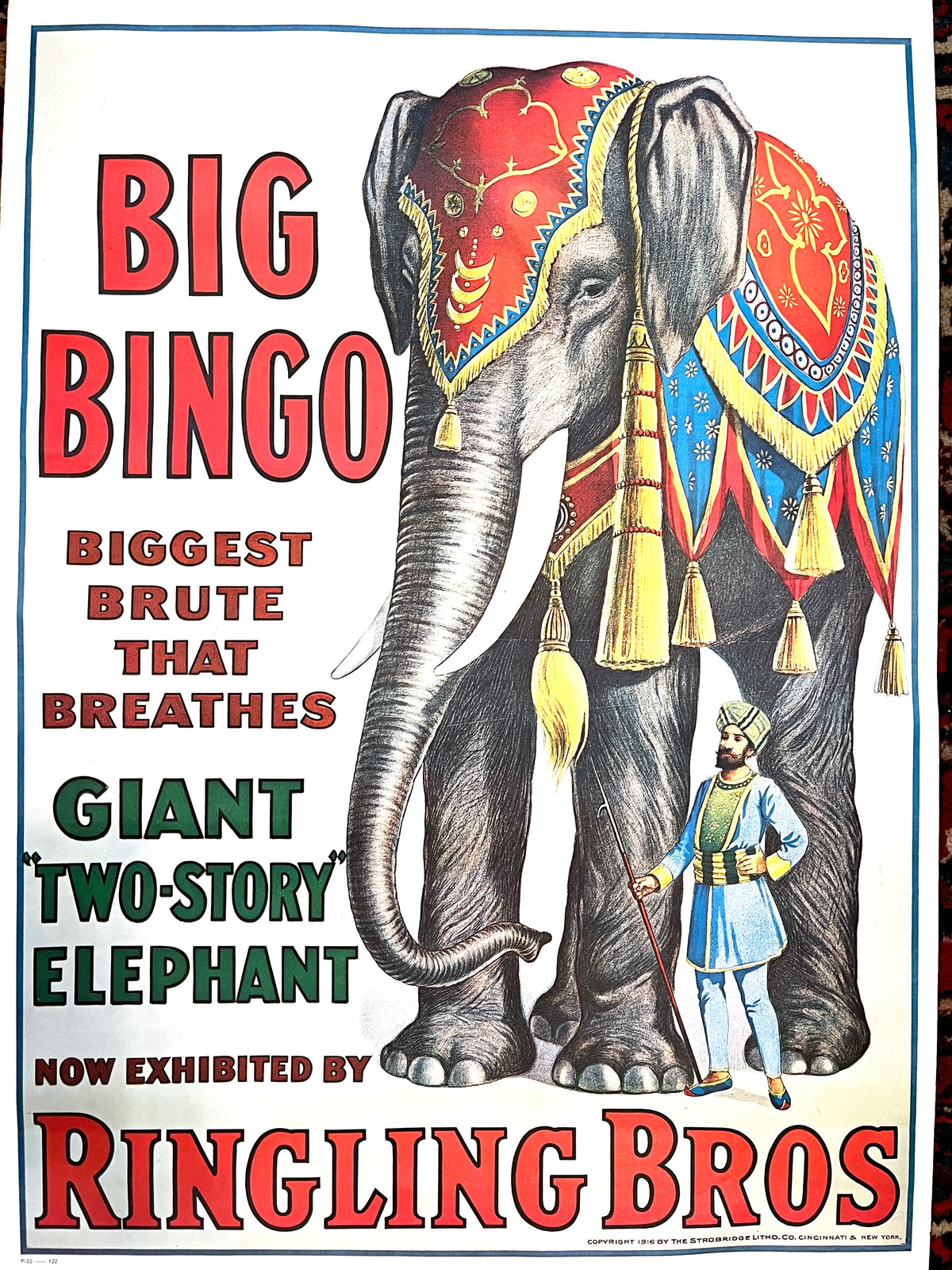 Vintage Circus Poster: Big Bingo the Two-Story Elephant, 1970s reprint, 1916, Ringling Bros.