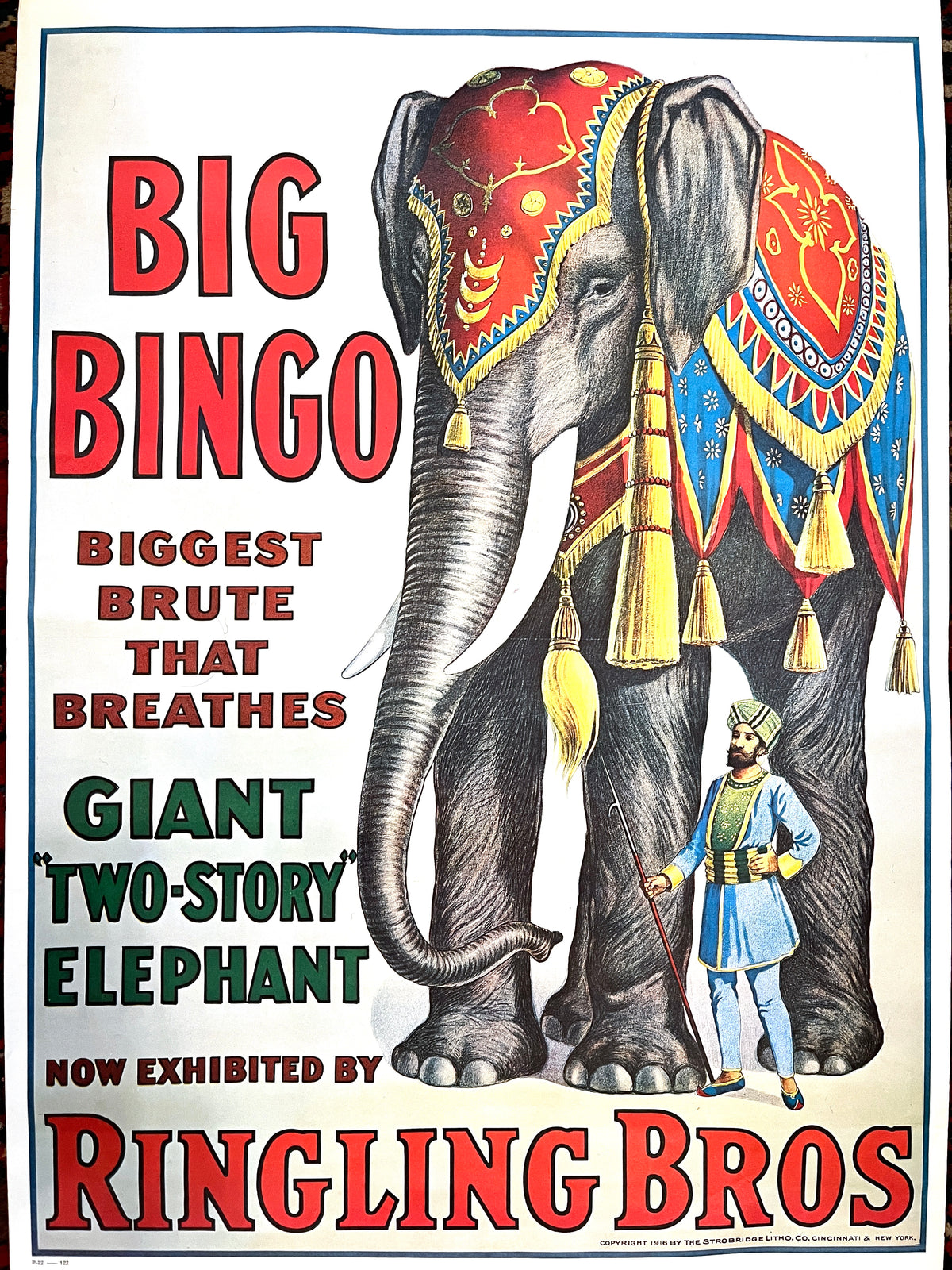 Vintage Circus Poster: Big Bingo the Two-Story Elephant, 1970s reprint, 1916, Ringling Bros.