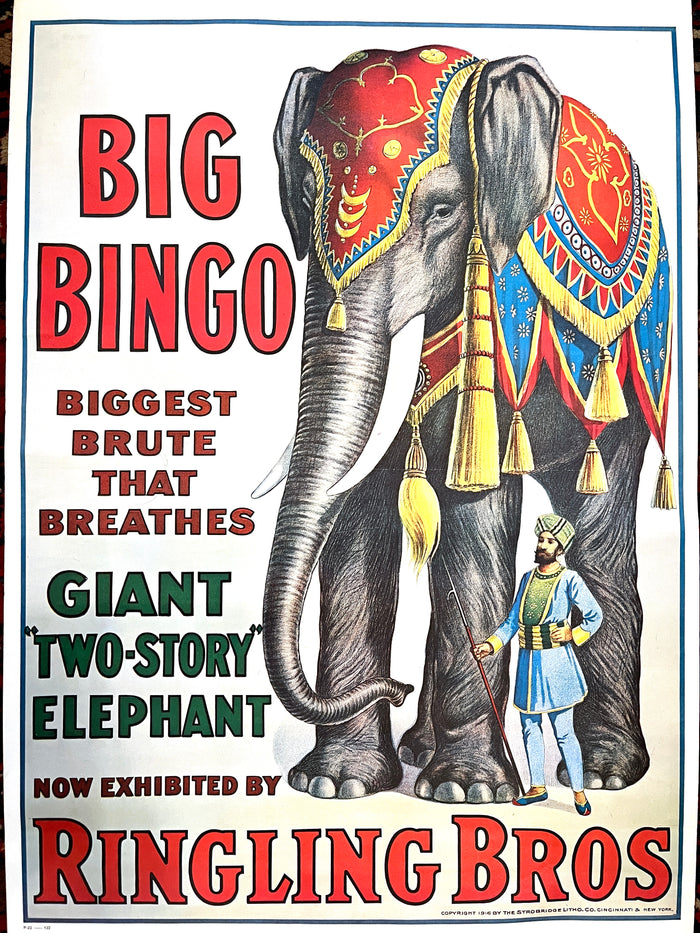 Vintage Circus Poster: Big Bingo the Two-Story Elephant, 1970s reprint, 1916, Ringling Bros.