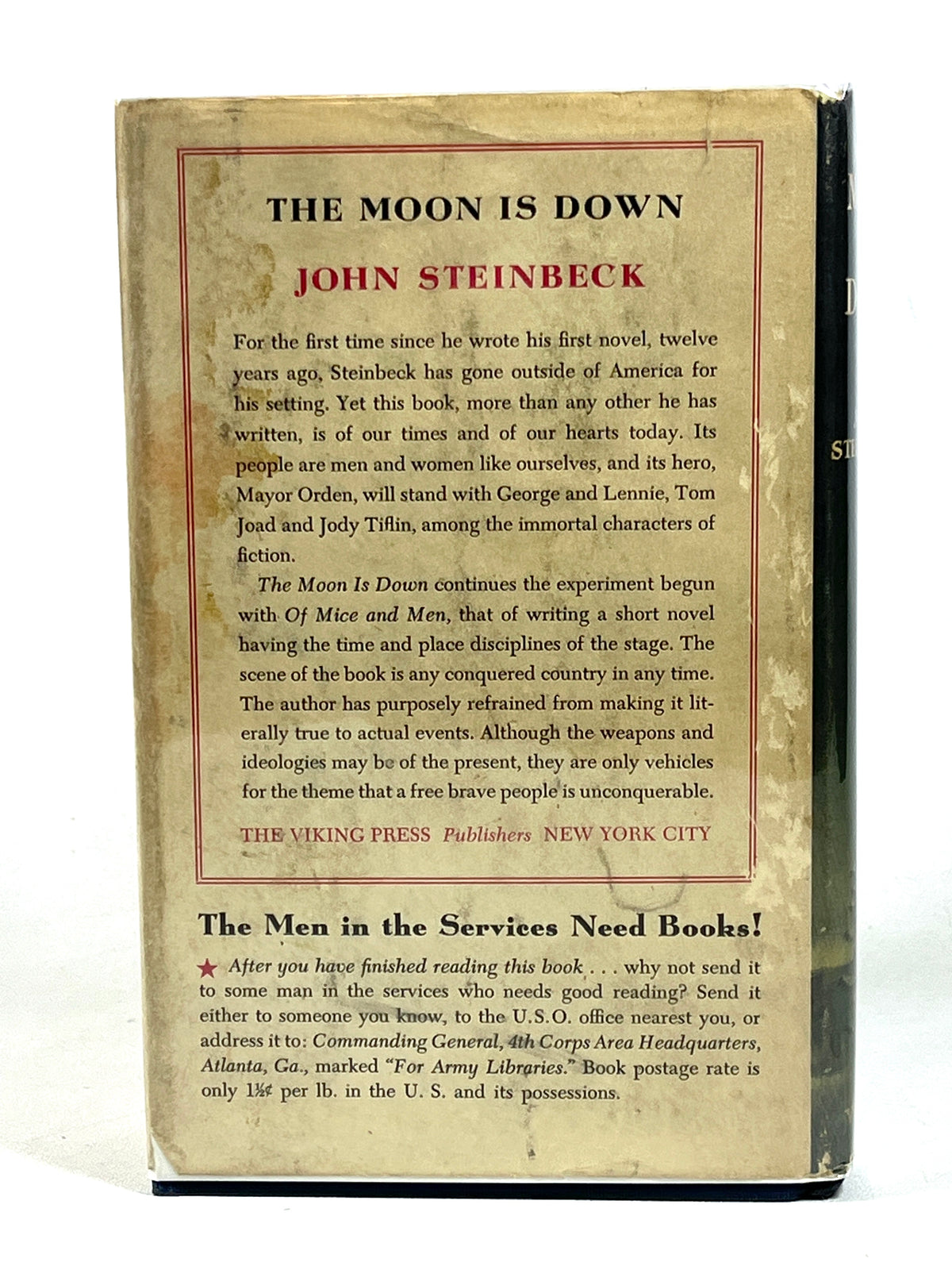 John Steinbeck, The Moon is Down, The Viking Press, 2nd Ed, 1942, Very Good HC w/DJ