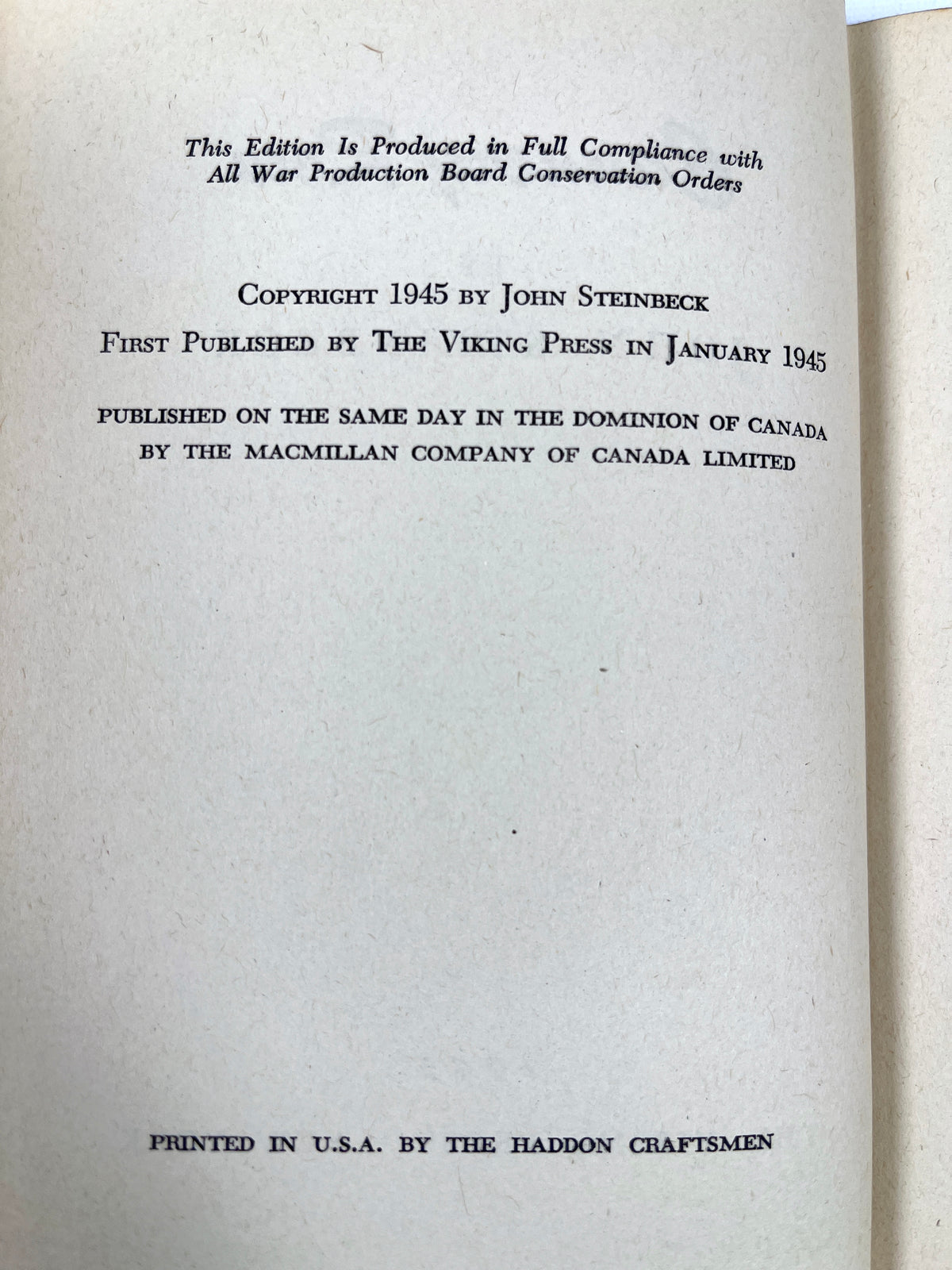John Steinbeck, Cannery Row, Viking 1945, Near Fine hardcover