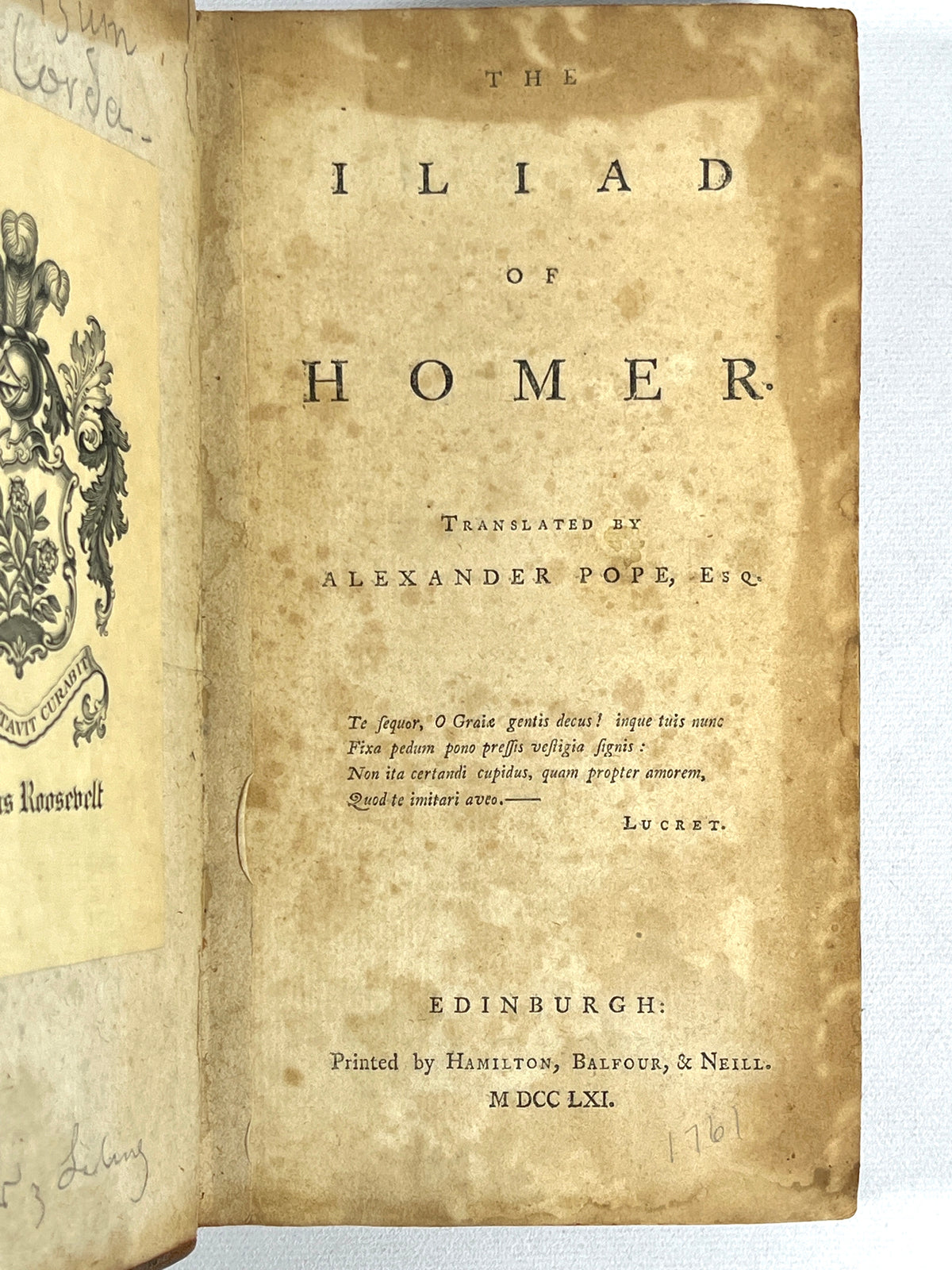 Alexander Pope (trans.), The Iliad of Homer, Hamilton, Balfour & Neill 1761, Good+ HC