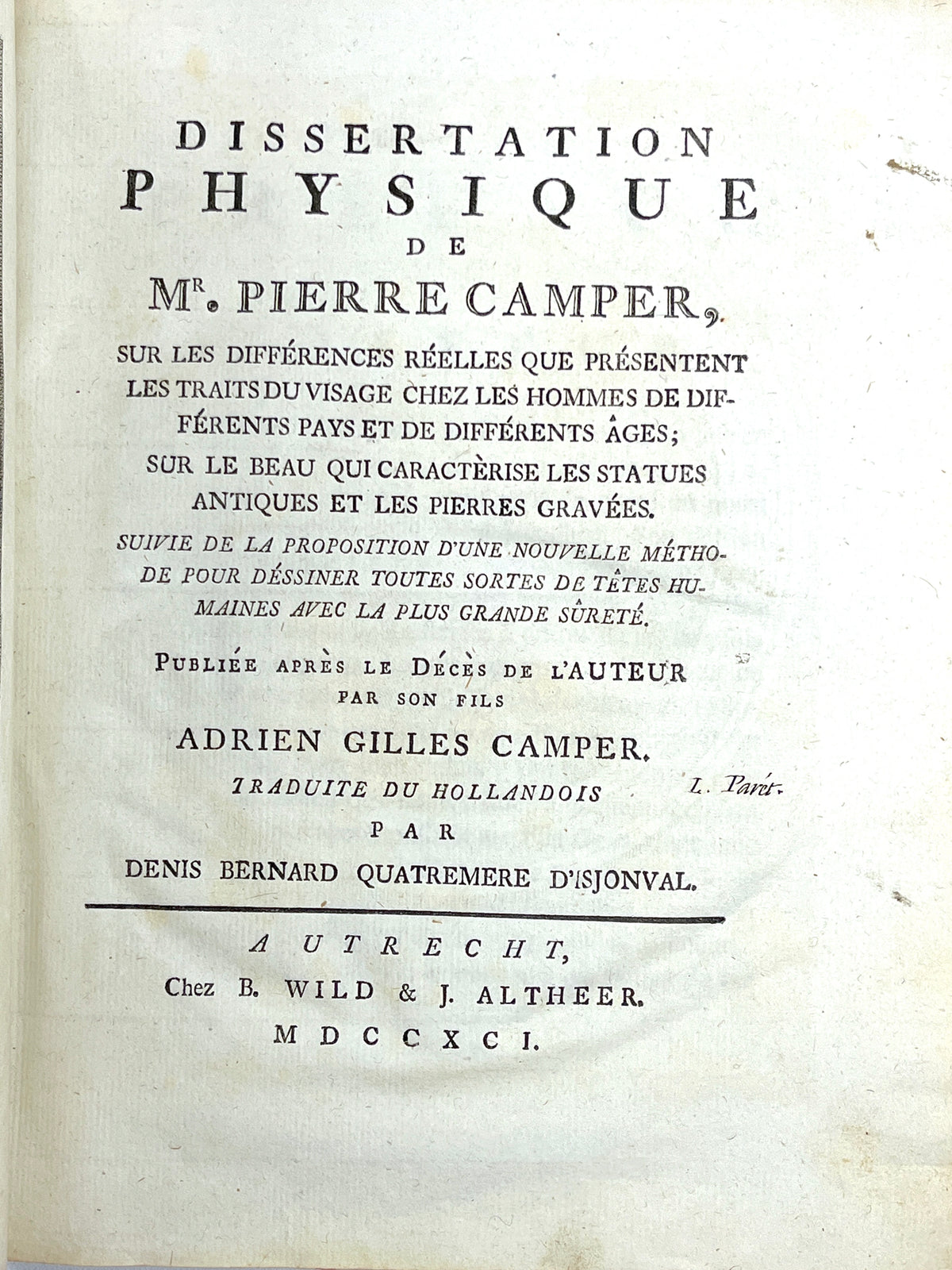 Pierre (Petrus) Camper, Dissertation Physique Discours Prononces, 1792, Good + leatherbound