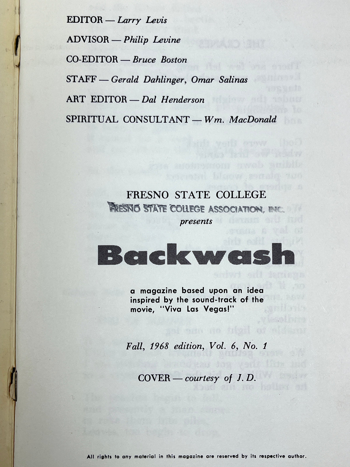 Philip Levine (et. al.), Backwash Vol. 6 #1, Fresno State College 1968, VG SC staplebound