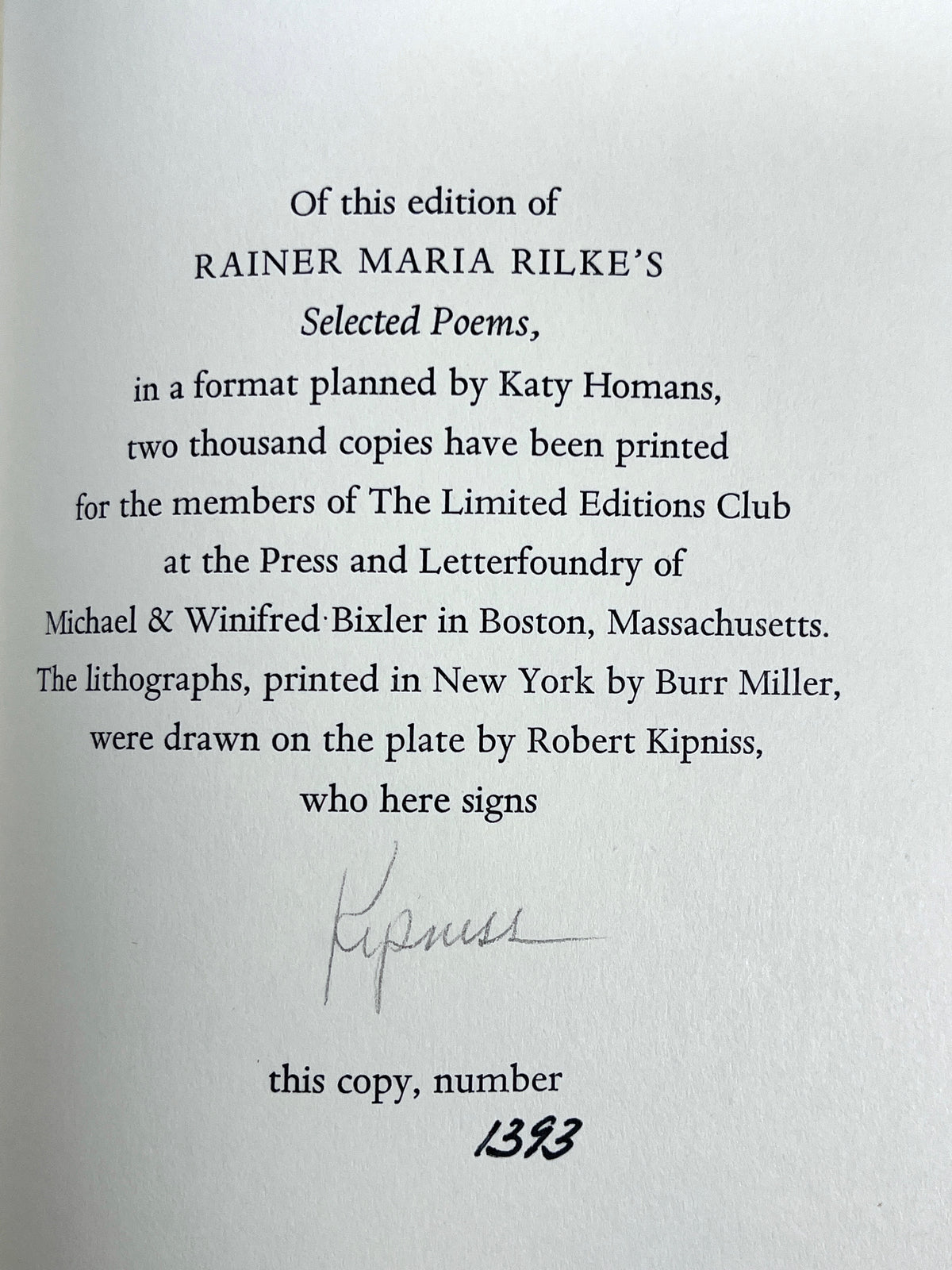 Selected Poems of Rainer Maria Rilke, Illus. Robert Kipniss, 1981, SIGNED, NF HC w/slipcase.