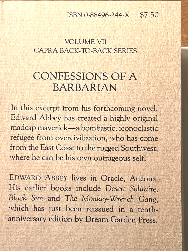 Red Knife Valley, Jack Curtis; Confessions of a Barbarian, Edward Abbey, Capra Back-to-Back, 1986