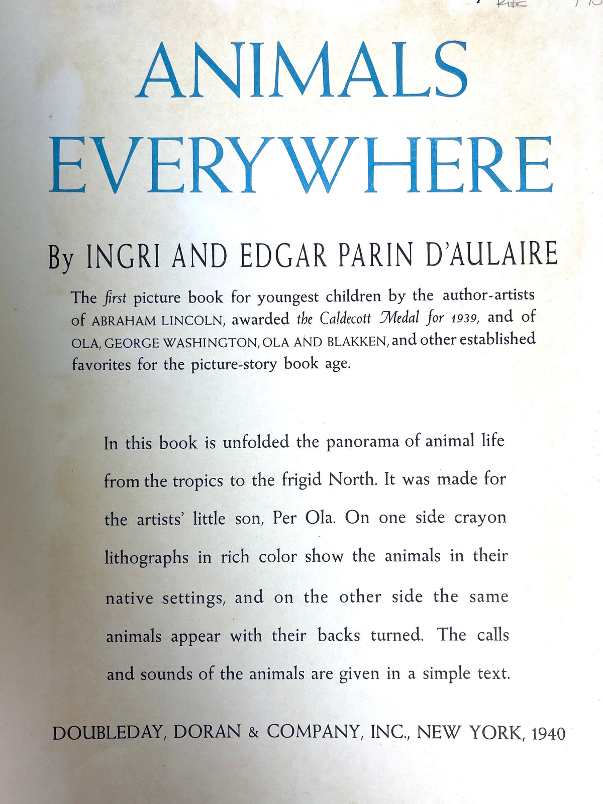 Ingri & Edgar Parin d'Aulaire, Animals Everywhere, First Edition, 1940, Very Good hardcover.