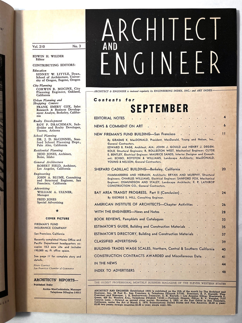 Architect and Engineer, September 1957, Vol. 210 No. 3, Very Good