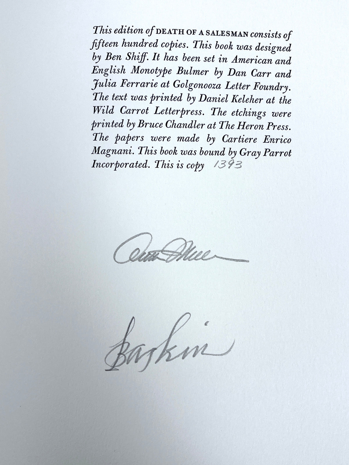 Arthur Miller, Death of a Salesman, Leonard Baskin, SIGNED 2x, 1984, NF HC w/slipcase