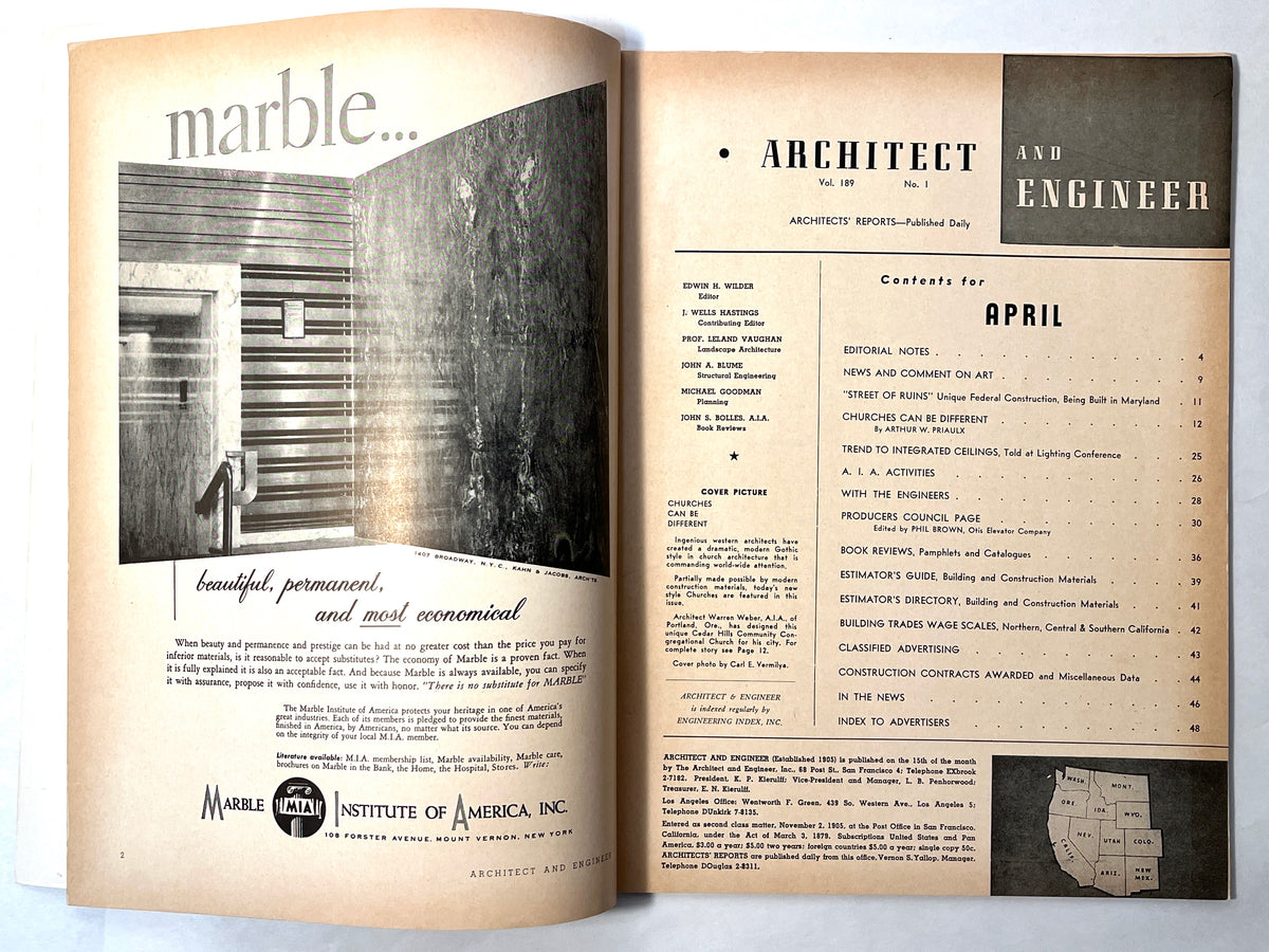 Architect and Engineer, April 1952, Vol. 189, No. 1, Very Good.