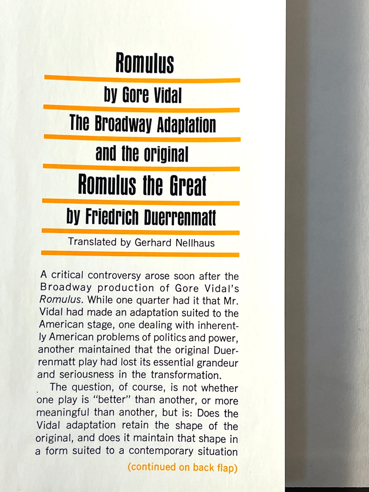 Romulus: The Broadway Adaptation, Gore Vidal, 1966, NF