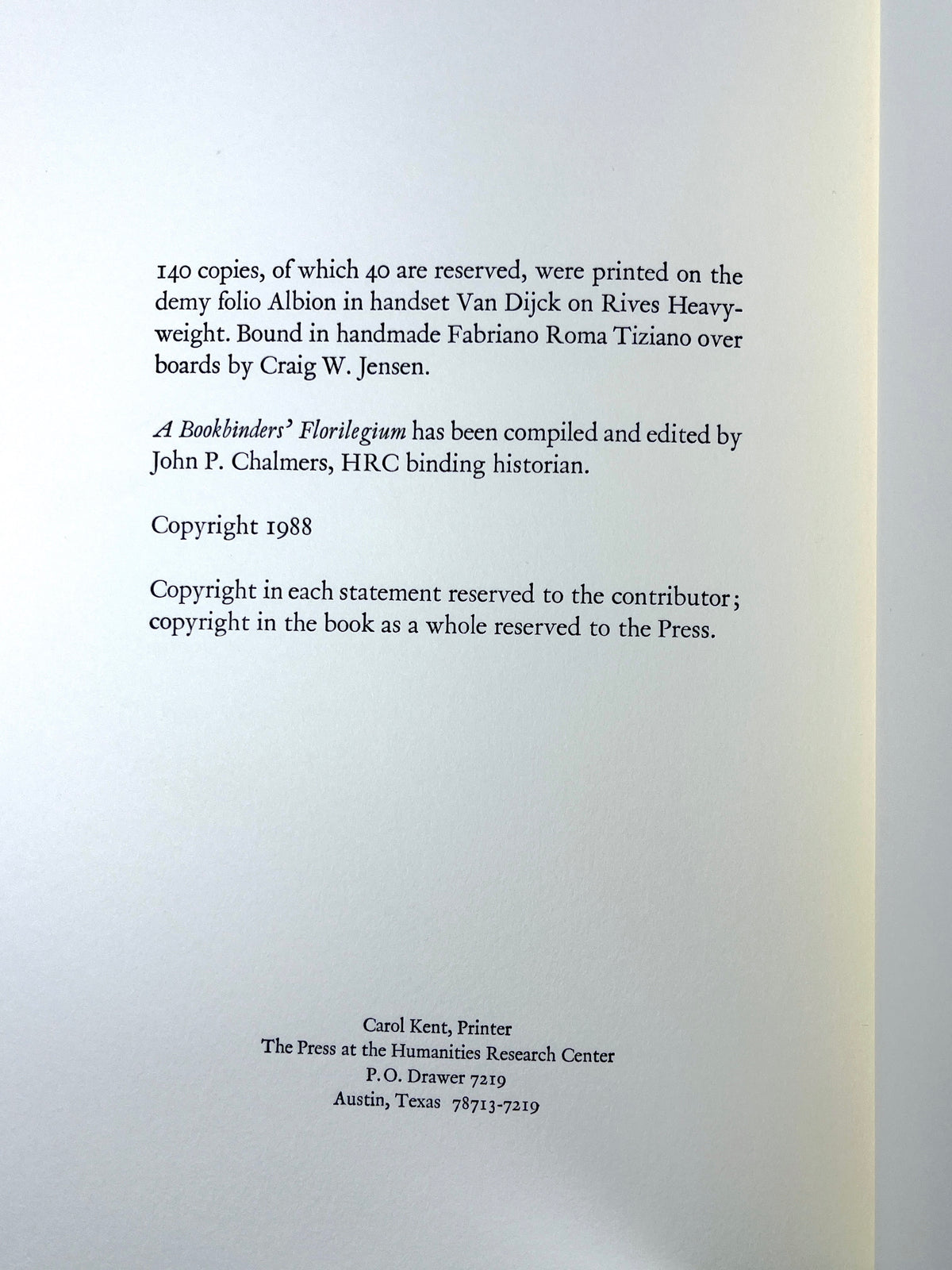 A Bookbinders' Florilegium, John P. Chalmers, 1988 Fine limited edition