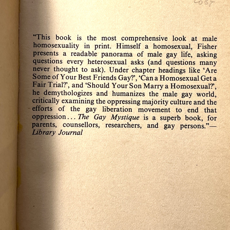 Peter Fisher. The Gay Mystique: the Myth and Reality of Male Homosexuality. SIGNED. VG SC 1978.