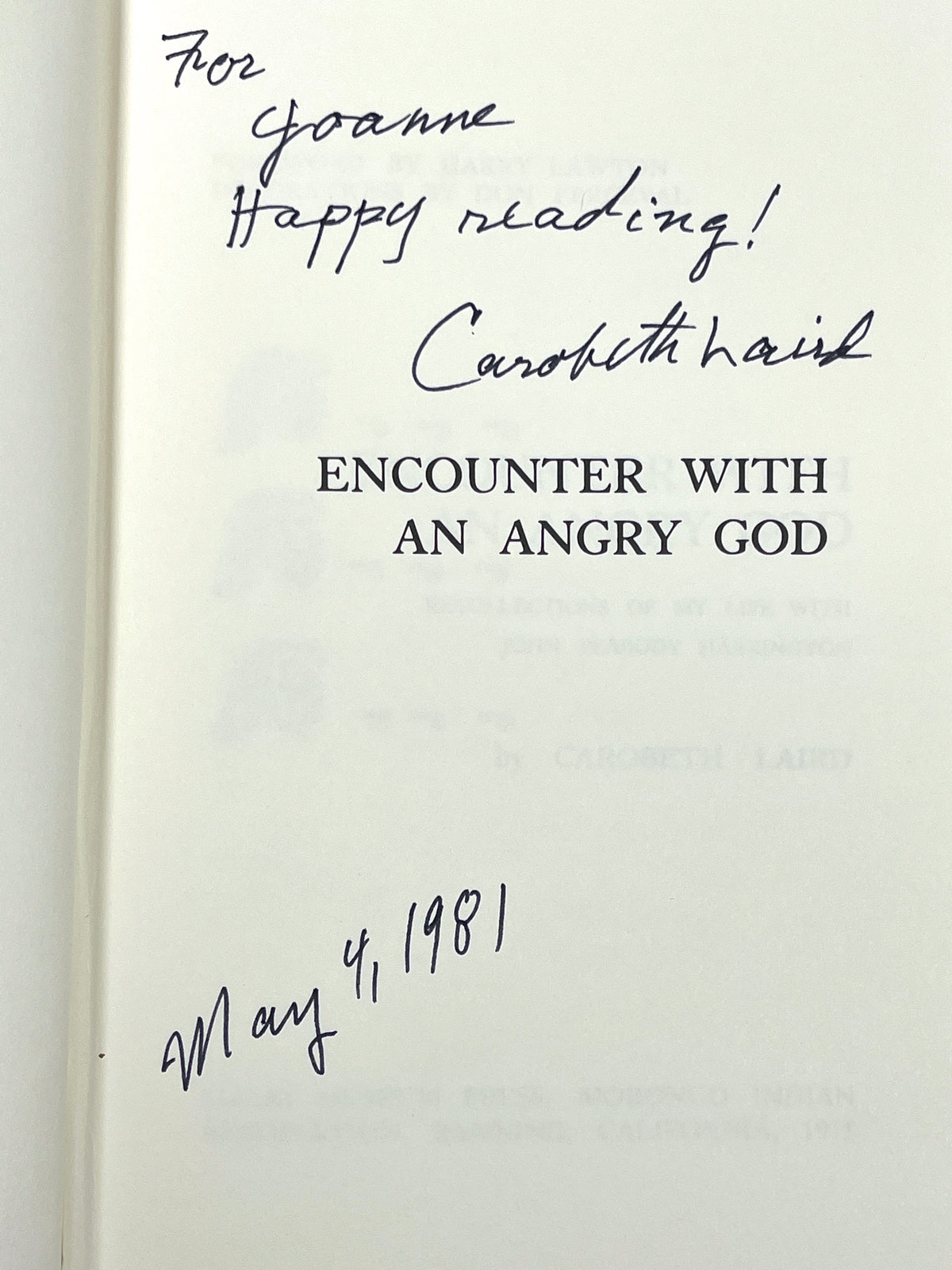 Carobeth Laird, Encounter with an Angry God, 1975, SIGNED, Near Fine hardcover w/DJ