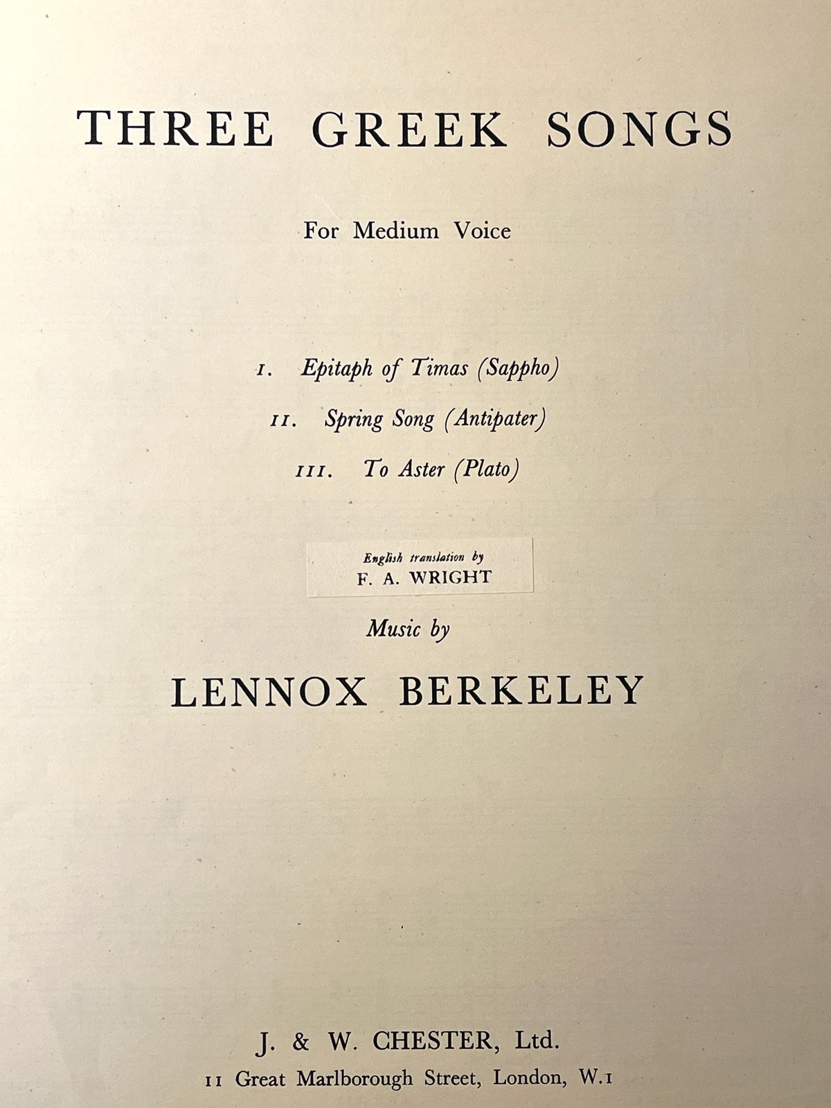 Lennox Berkeley: Three Greek Songs For Medium Voice, 1953, Very Good