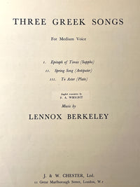 Lennox Berkeley: Three Greek Songs For Medium Voice, 1953, Very Good