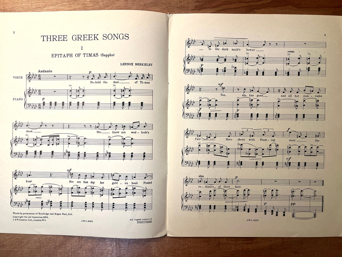 Lennox Berkeley: Three Greek Songs For Medium Voice, 1953, Very Good