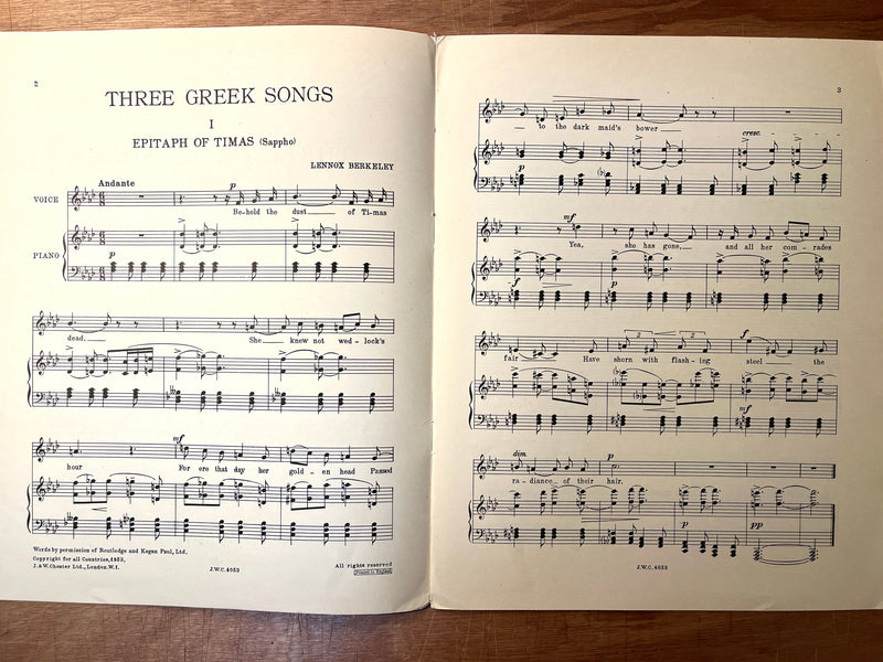 Lennox Berkeley: Three Greek Songs For Medium Voice, 1953, Very Good