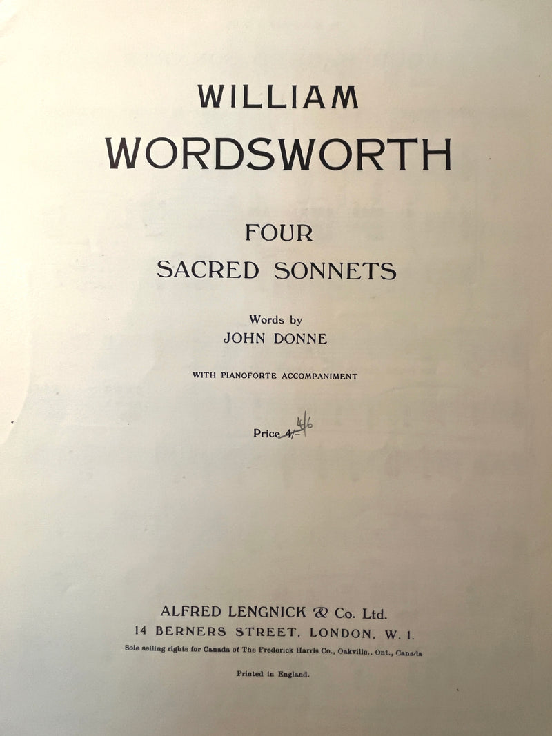 William Wordsworth: Four Sacred Sonnets; With Pianoforte Accompaniment, 1946, VG