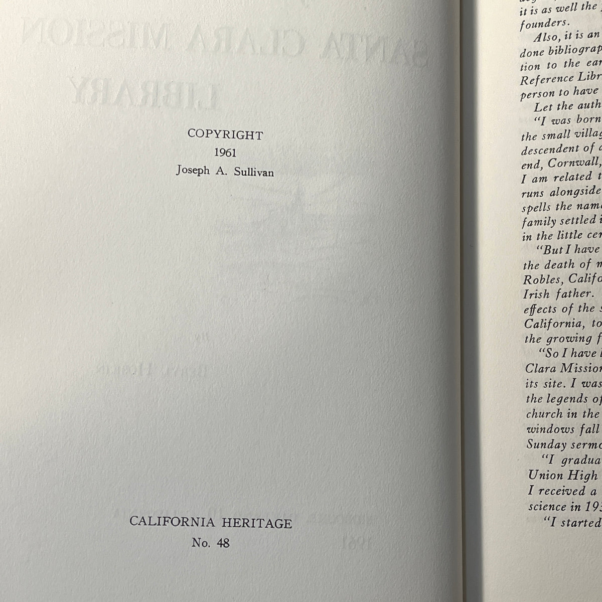 A History of the Santa Clara Mission Library, Hoskin, Biobooks, 1961, 1/500, VG